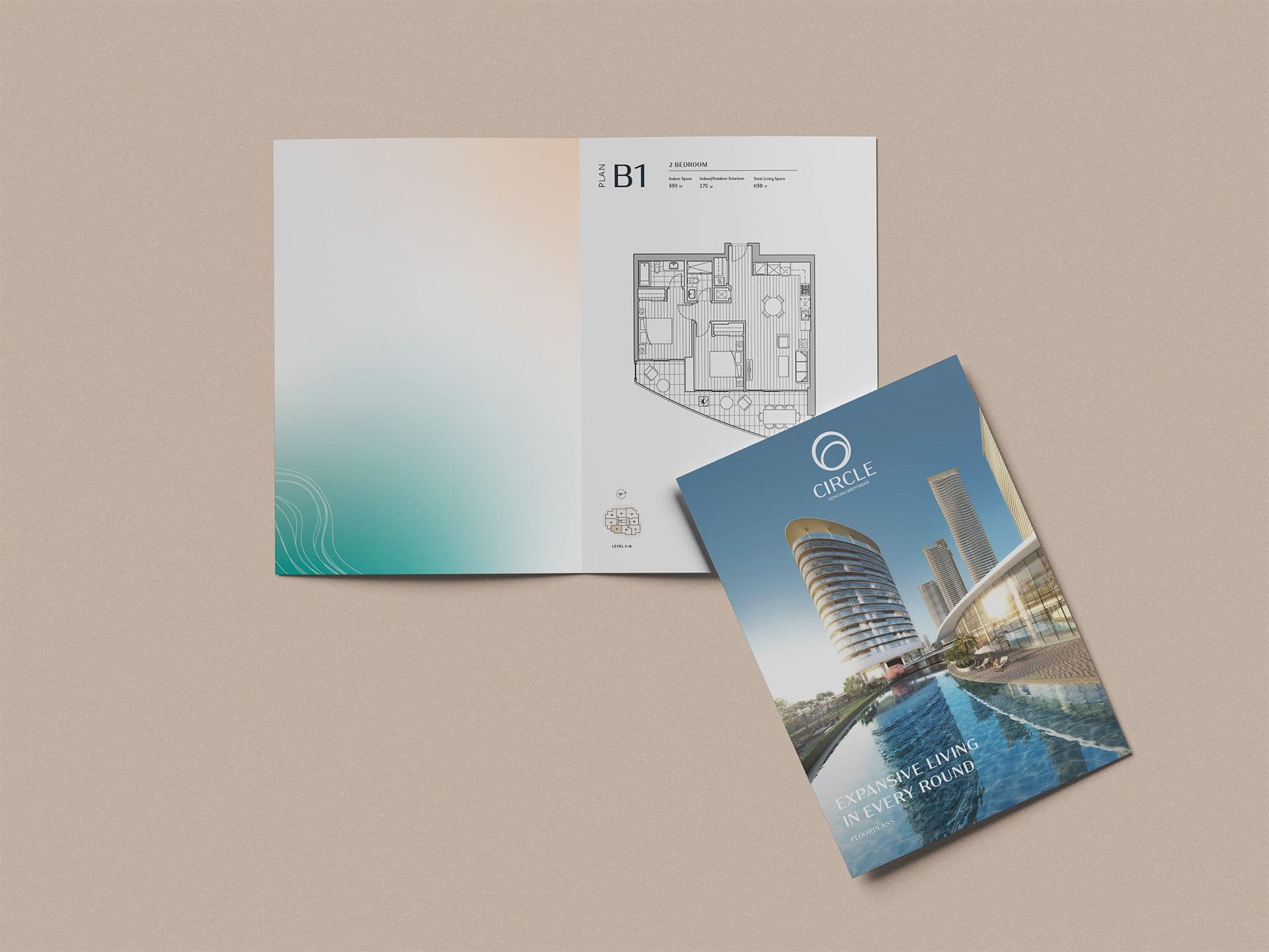 Circle at Concord Brentwood brochure cover reading 'Expansive Living in Every Round' beside a two-bedroom floor plan page