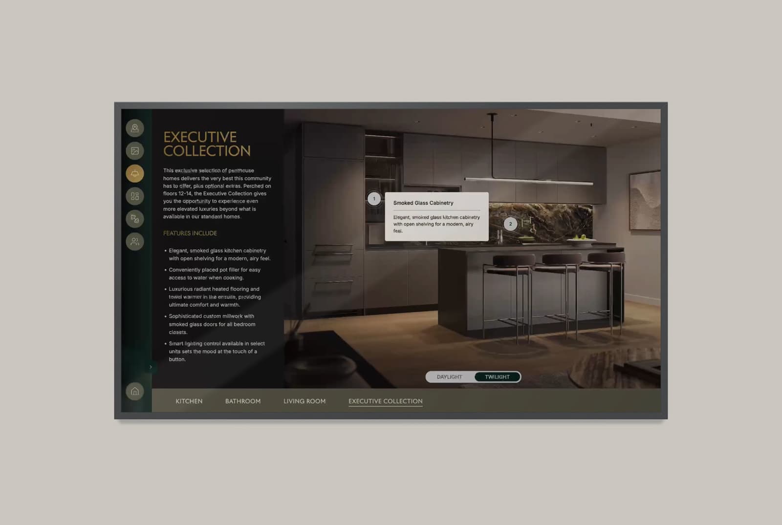 Presentation centre touchscreen showing an Executive Collection kitchen with interactive feature hotspots