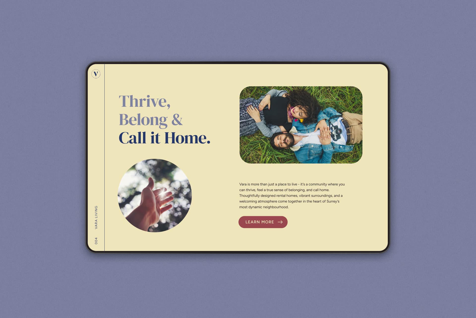 Vara screen design headlined 'Thrive, Belong & Call it Home.' with lifestyle photos of a couple lying in grass