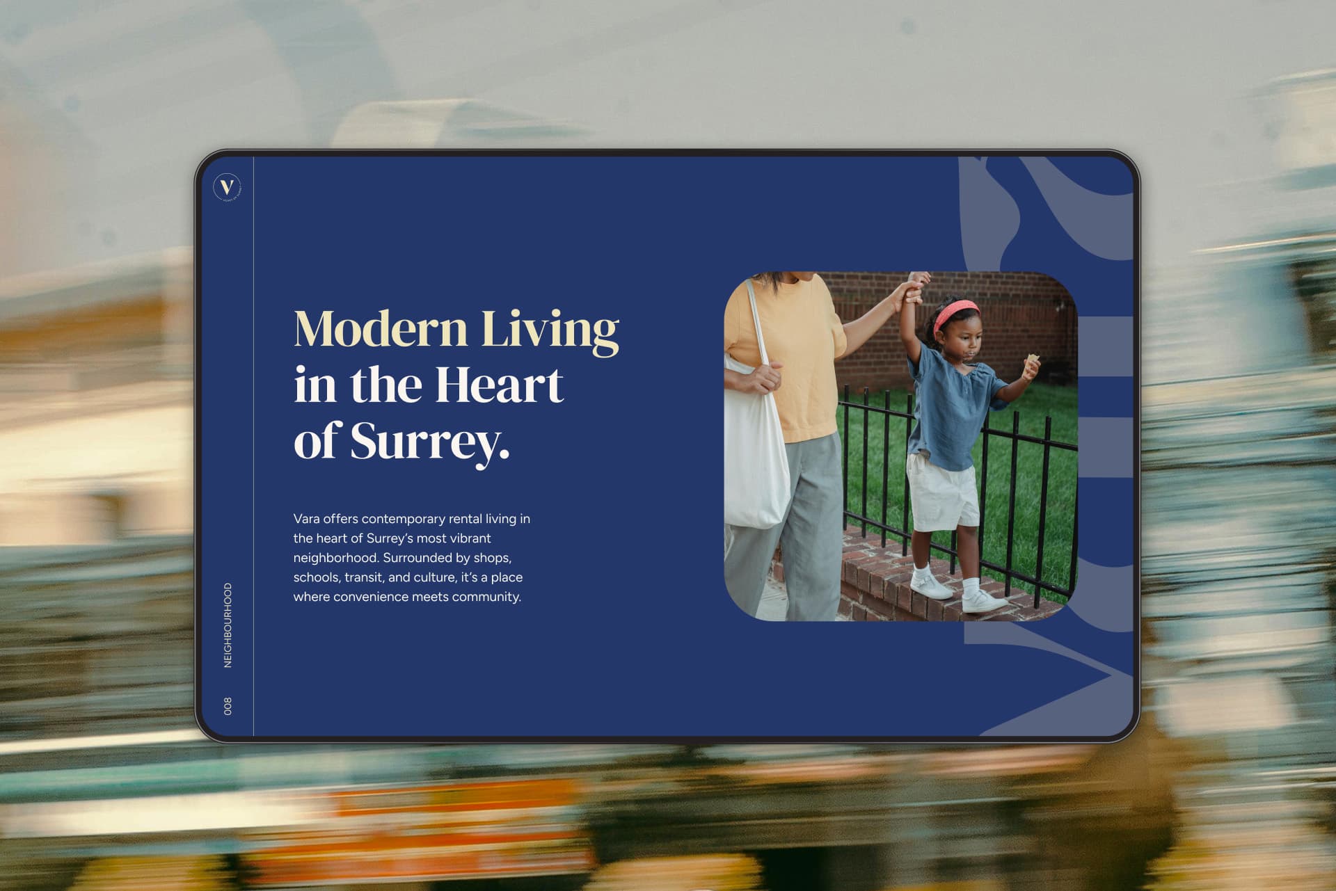 Vara screen design headlined 'Modern Living in the Heart of Surrey.' beside a photo of a child holding an adult's hand