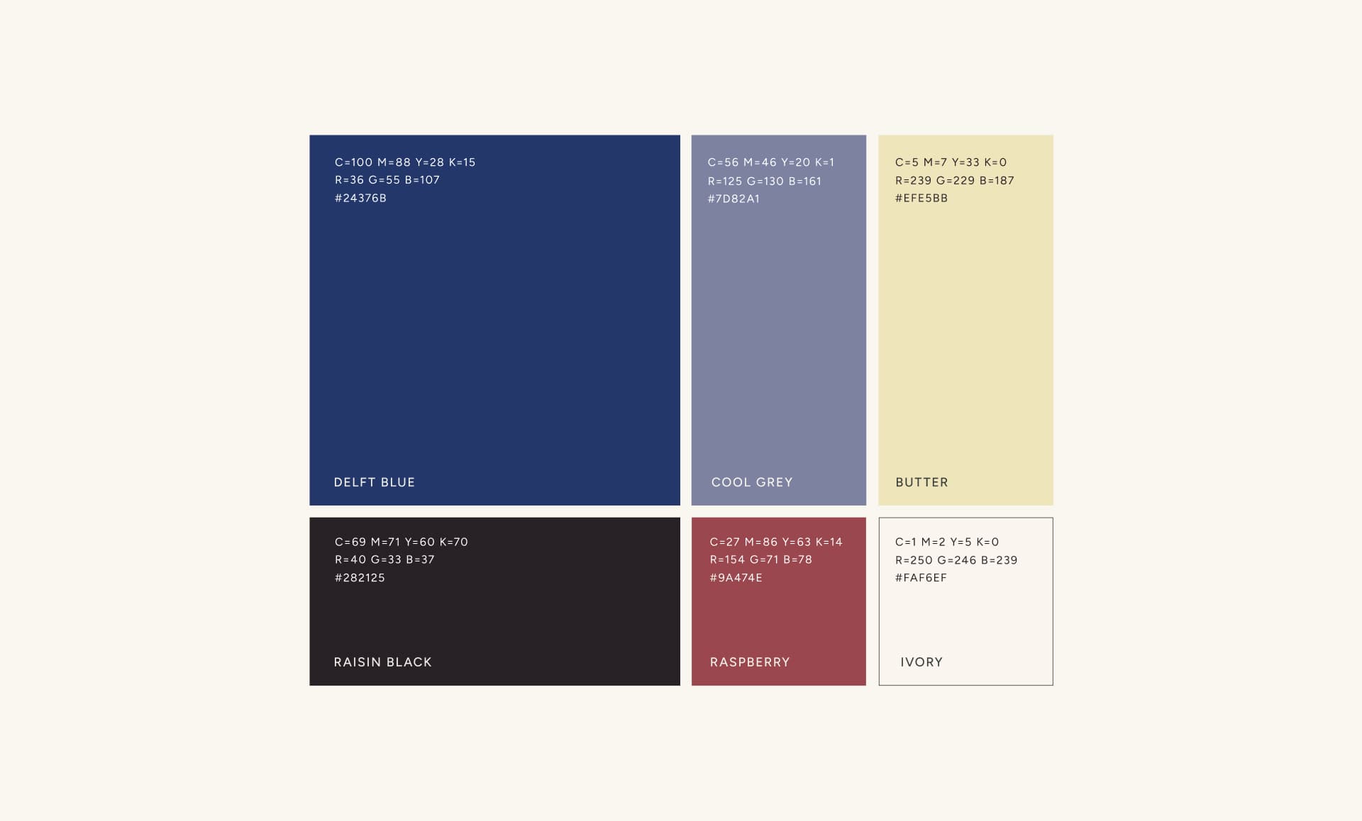 Vara colour palette: Delft Blue, Cool Grey, Butter, Raisin Black, Raspberry and Ivory swatches with colour values