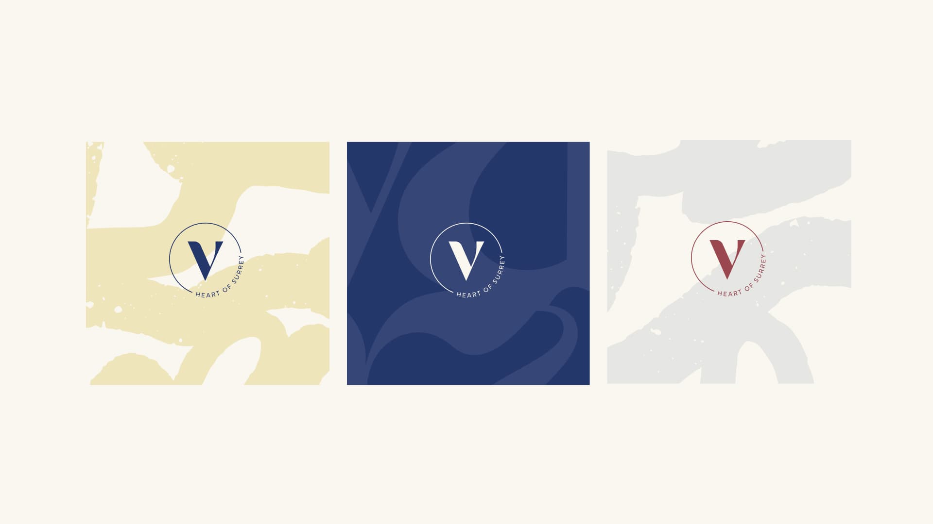 Three Vara 'V' submark variations on butter yellow, navy and grey textured backgrounds