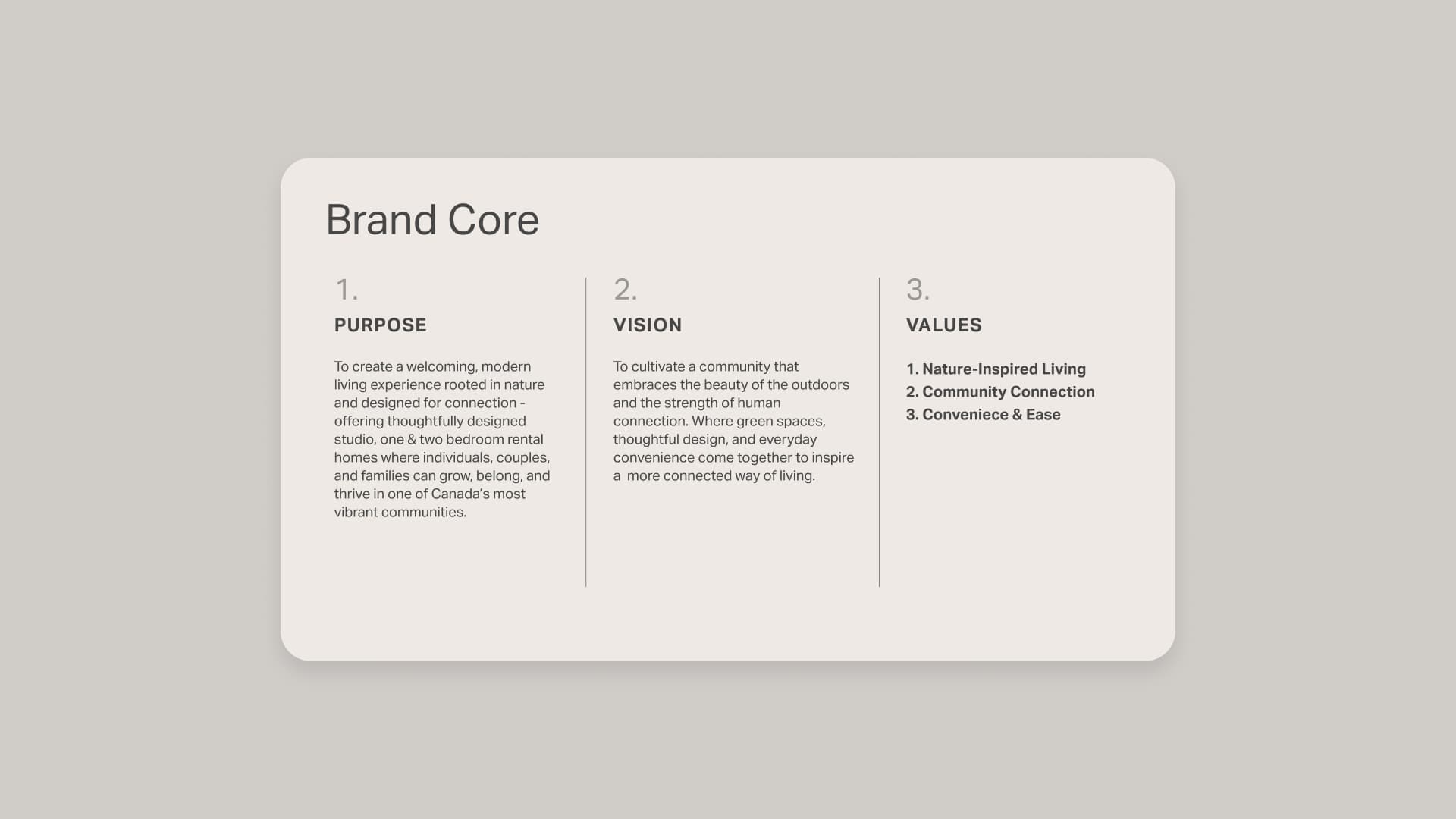 Woodland Place brand core slide outlining the brand's purpose, vision and values