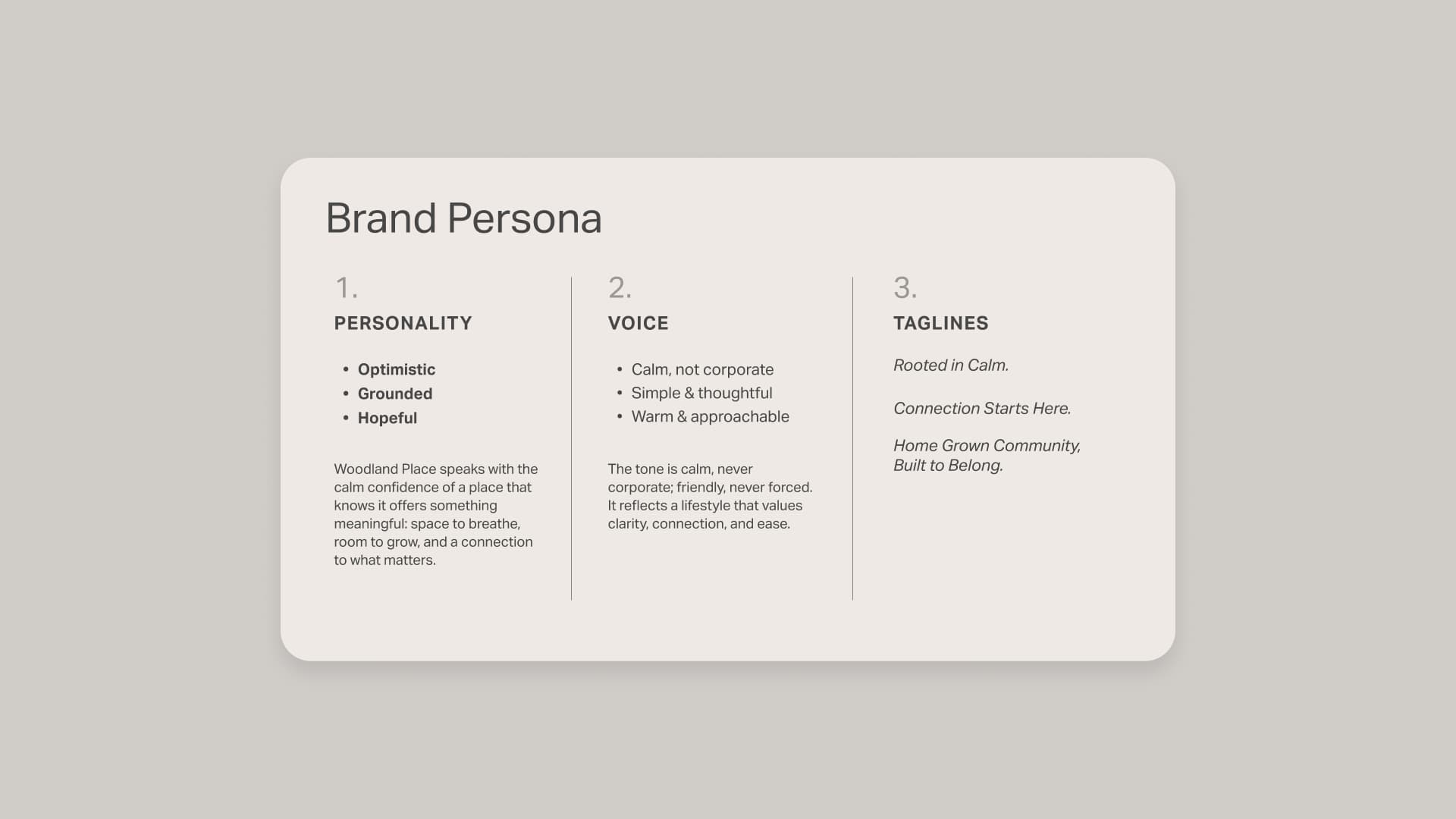 Woodland Place brand persona slide outlining personality, voice and taglines such as 'Rooted in Calm.'