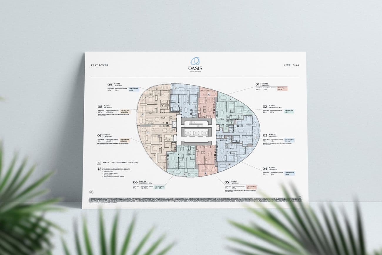 Oasis East Tower floorplate sheet with colour-coded unit plans, framed by palm leaves
