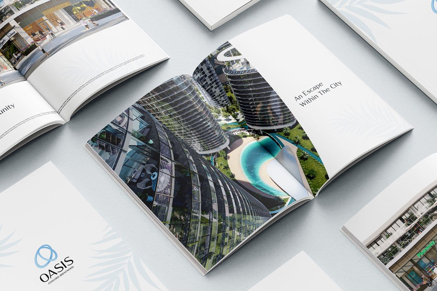 Open Oasis at Concord Brentwood brochure showing curved towers and a lagoon pool, titled 'An Escape Within The City'